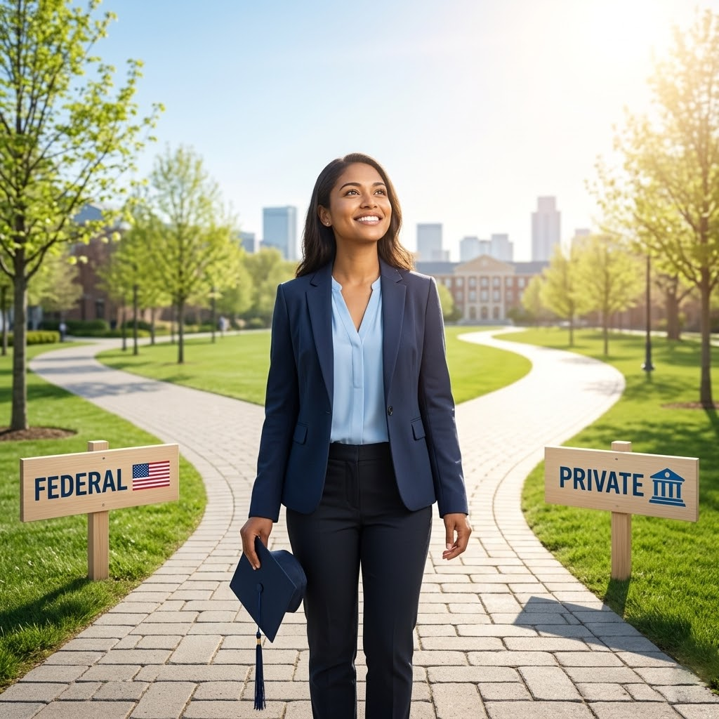 A borrower deciding between federal vs private student loans for their education.